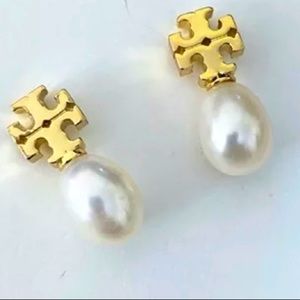Tory Burch gold logo pearl earrings